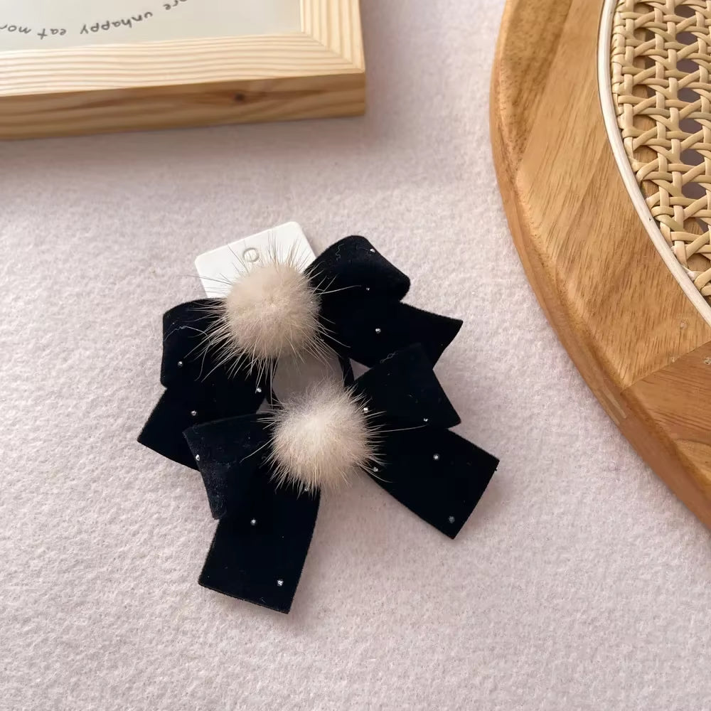 Baby Black Velvet Hair Bows Ties Kids Girls Ponytail Holder Elastic Hair Bands Korean Pompom Rope Scrunchies Hair Accessories