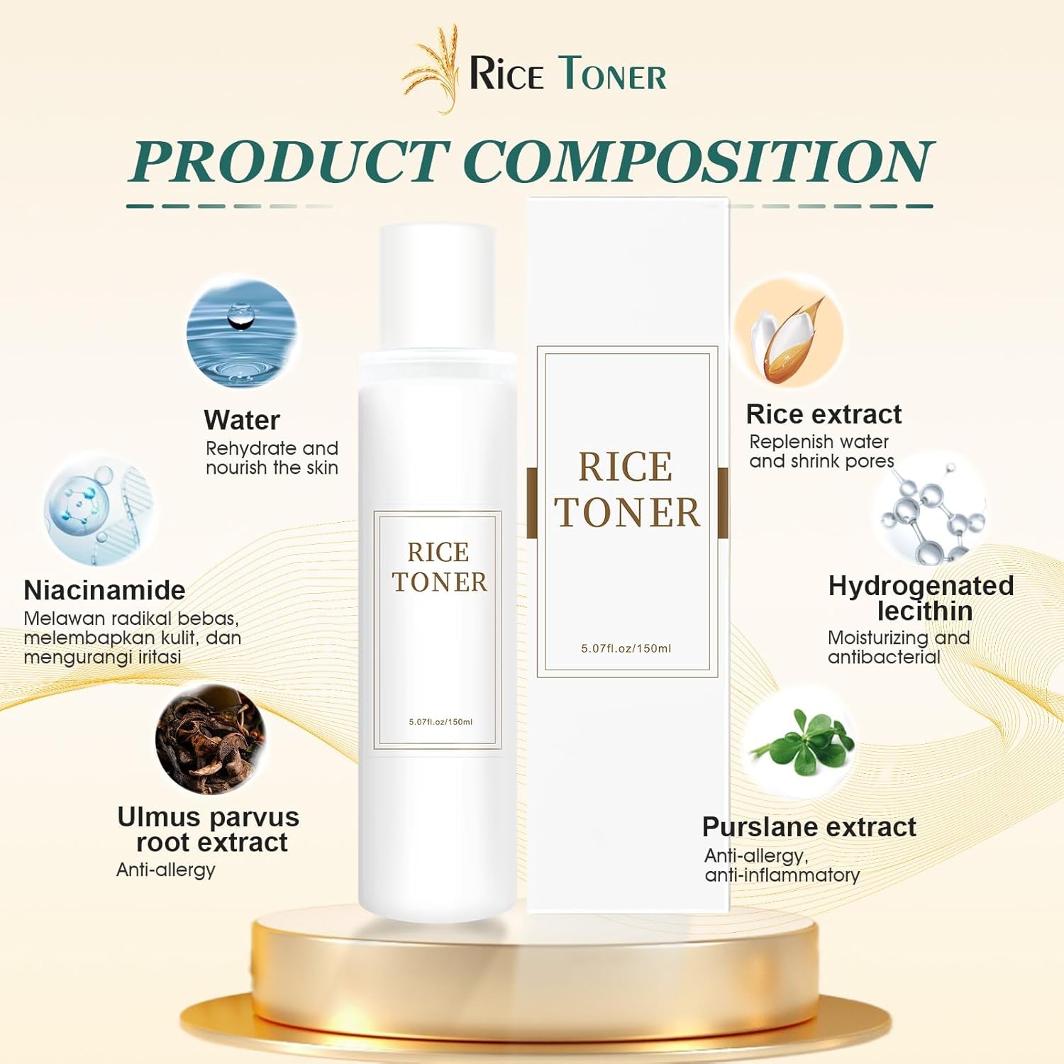 Rice Toner, Tonico Idratante Viso, Korean Skincare Rice Toner,Toner Viso Estratto Di Riso, Rassodante, Idratante, Non Grasso, Adatto a Tutti I Tipi Di Pelle, 150 Ml