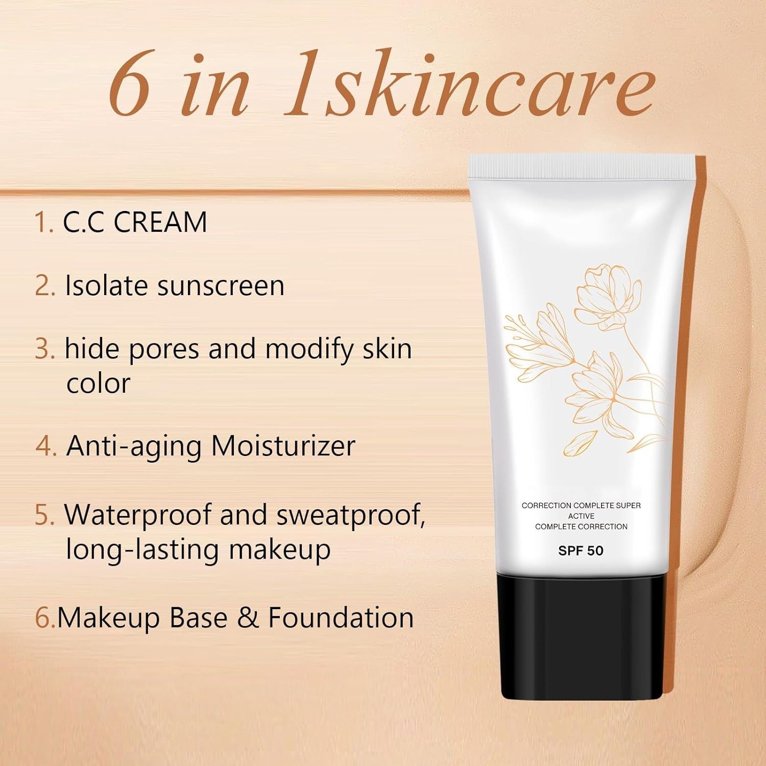 Korean Color Changing CC Cream, Korean CC Cream with Spf 50, Self Adjusting for Mature Skin, CC Color Correcting Full Coverage Cream for All Skin Type