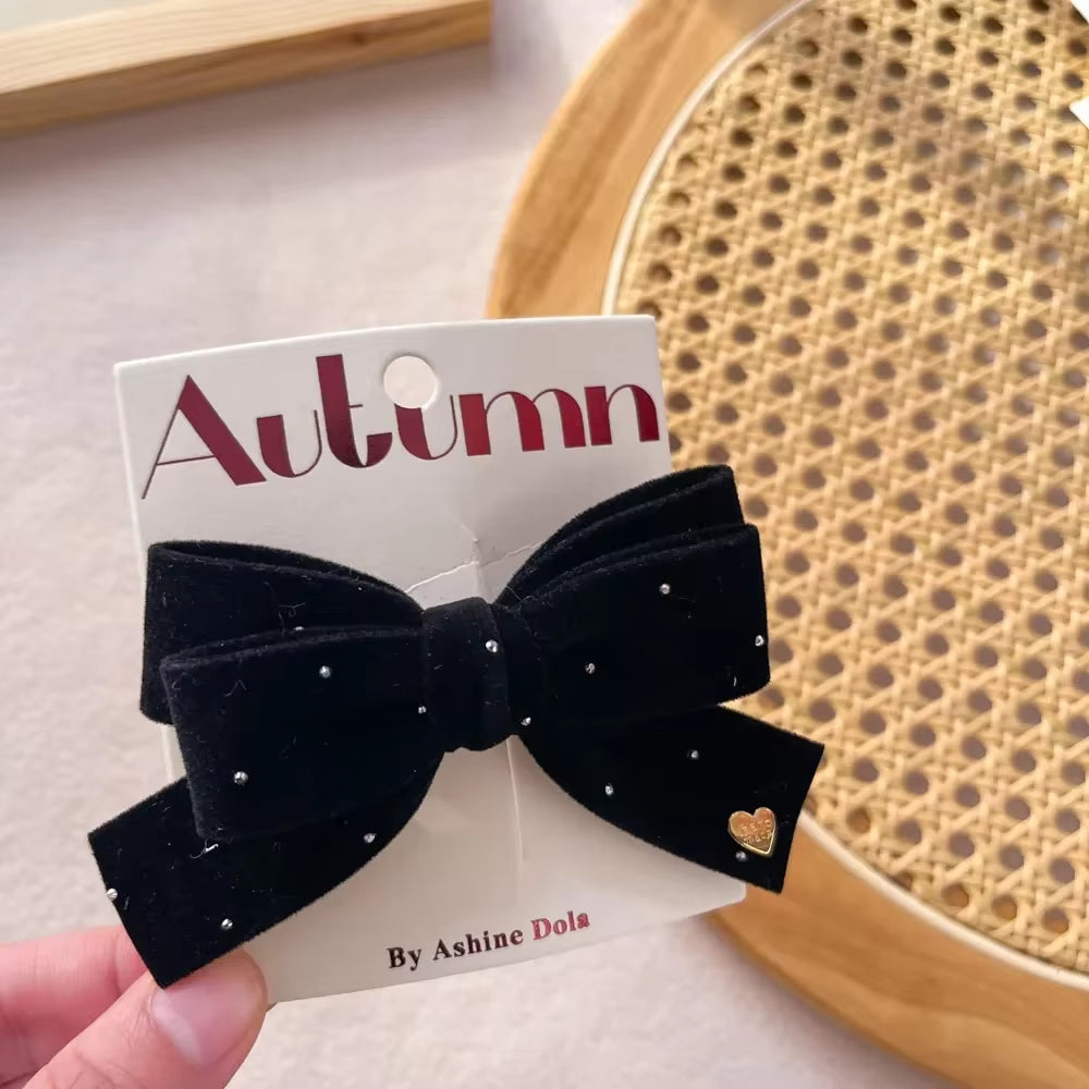 Baby Black Velvet Hair Bows Ties Kids Girls Ponytail Holder Elastic Hair Bands Korean Pompom Rope Scrunchies Hair Accessories