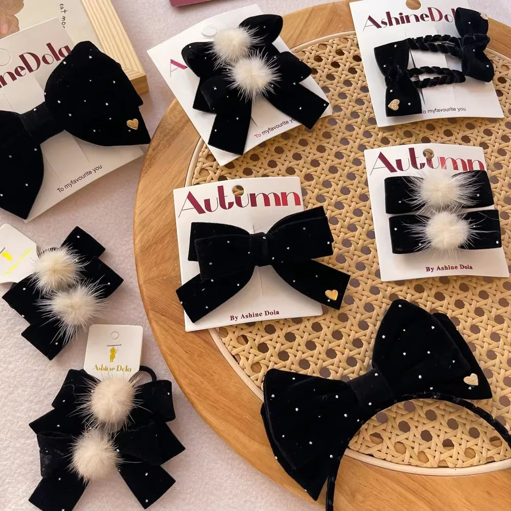 Baby Black Velvet Hair Bows Ties Kids Girls Ponytail Holder Elastic Hair Bands Korean Pompom Rope Scrunchies Hair Accessories