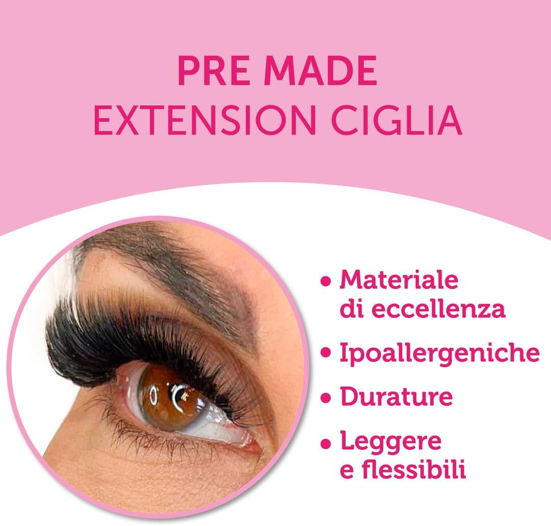 Extension Ciglia 10D - Ciglia Finte Ciuffetti - 0,07Mm - Curvatura D - 12 Mm - Premade Fan - Ciglia Volume Russo Effetto Hollywood Professionali