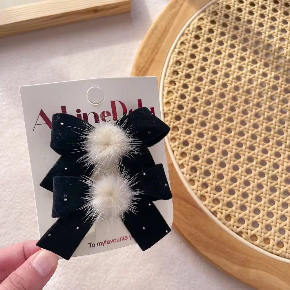 Baby Black Velvet Hair Bows Ties Kids Girls Ponytail Holder Elastic Hair Bands Korean Pompom Rope Scrunchies Hair Accessories