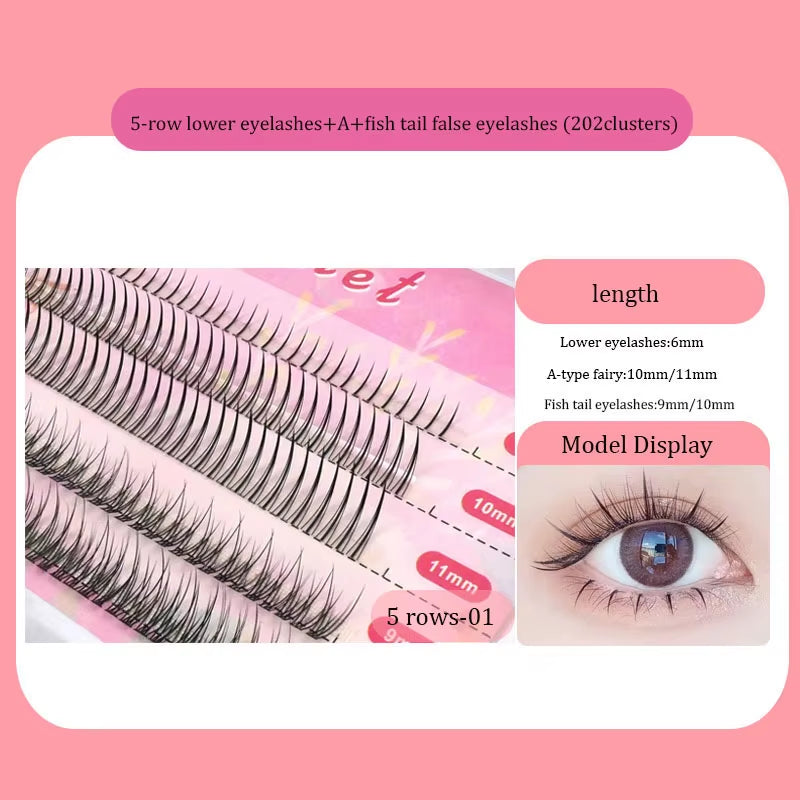 Fishtail + A-Type Mixed Hair Five Rows Mixed Natural False Eyelashes Self-Grafting Single Cluster Eyelashes Eye Lash Fa