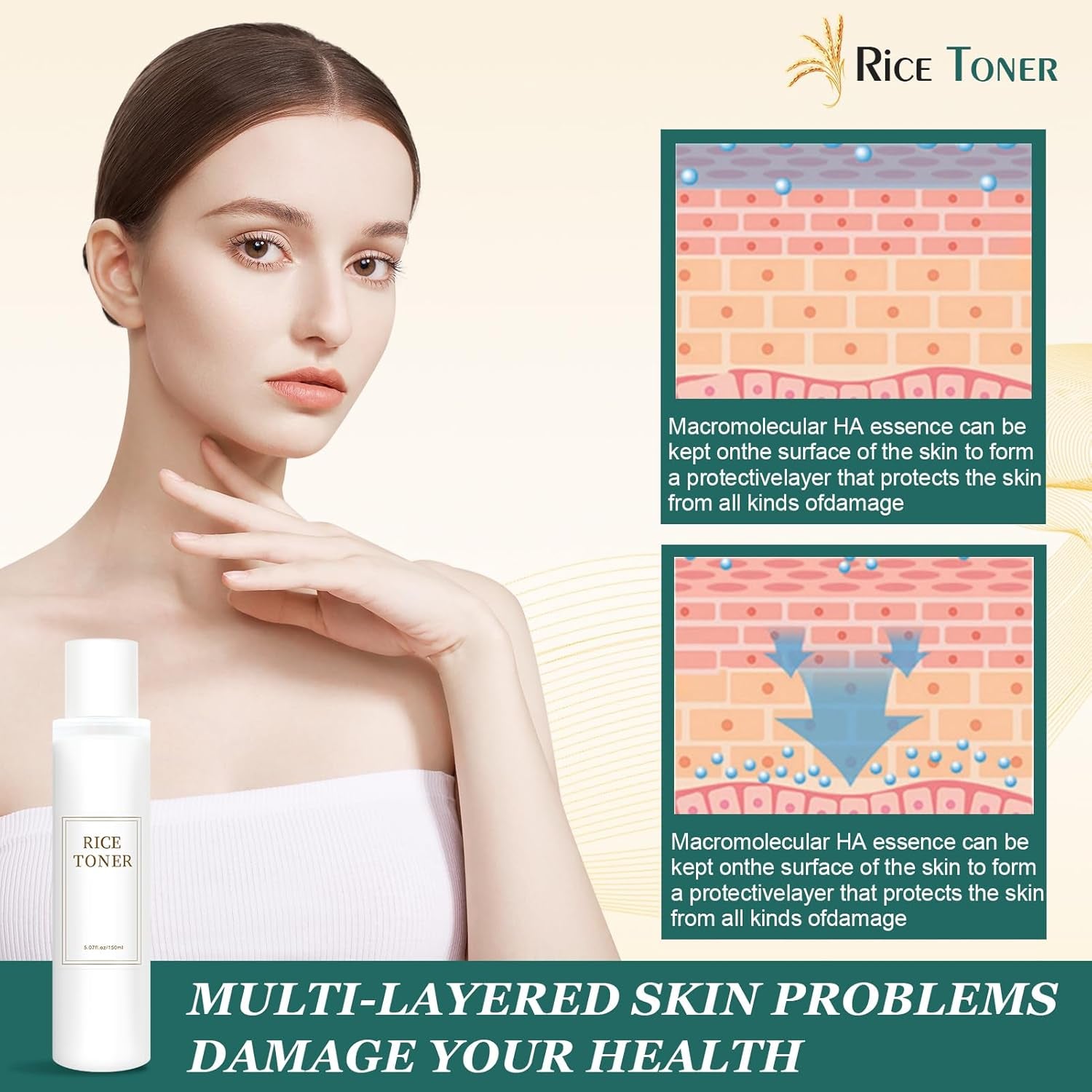 Rice Toner, Tonico Idratante Viso, Korean Skincare Rice Toner,Toner Viso Estratto Di Riso, Rassodante, Idratante, Non Grasso, Adatto a Tutti I Tipi Di Pelle, 150 Ml