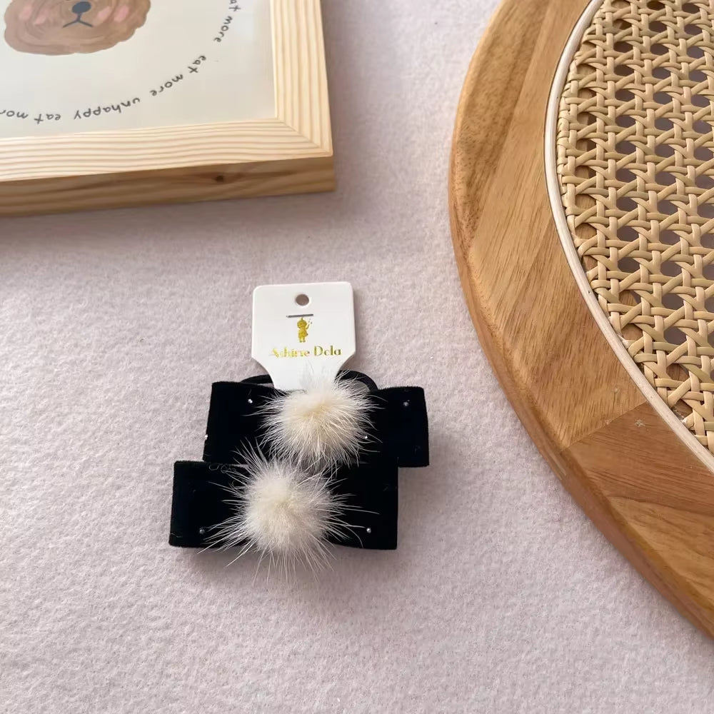 Baby Black Velvet Hair Bows Ties Kids Girls Ponytail Holder Elastic Hair Bands Korean Pompom Rope Scrunchies Hair Accessories