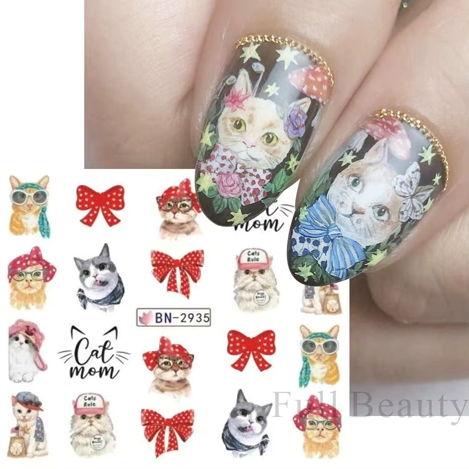 12Pcs Kawaii Cat Nail Water Sticker Anime Watercolor Design Foil for Nail Decals Cute Cartoon Watermark Transfer Manicure Slider