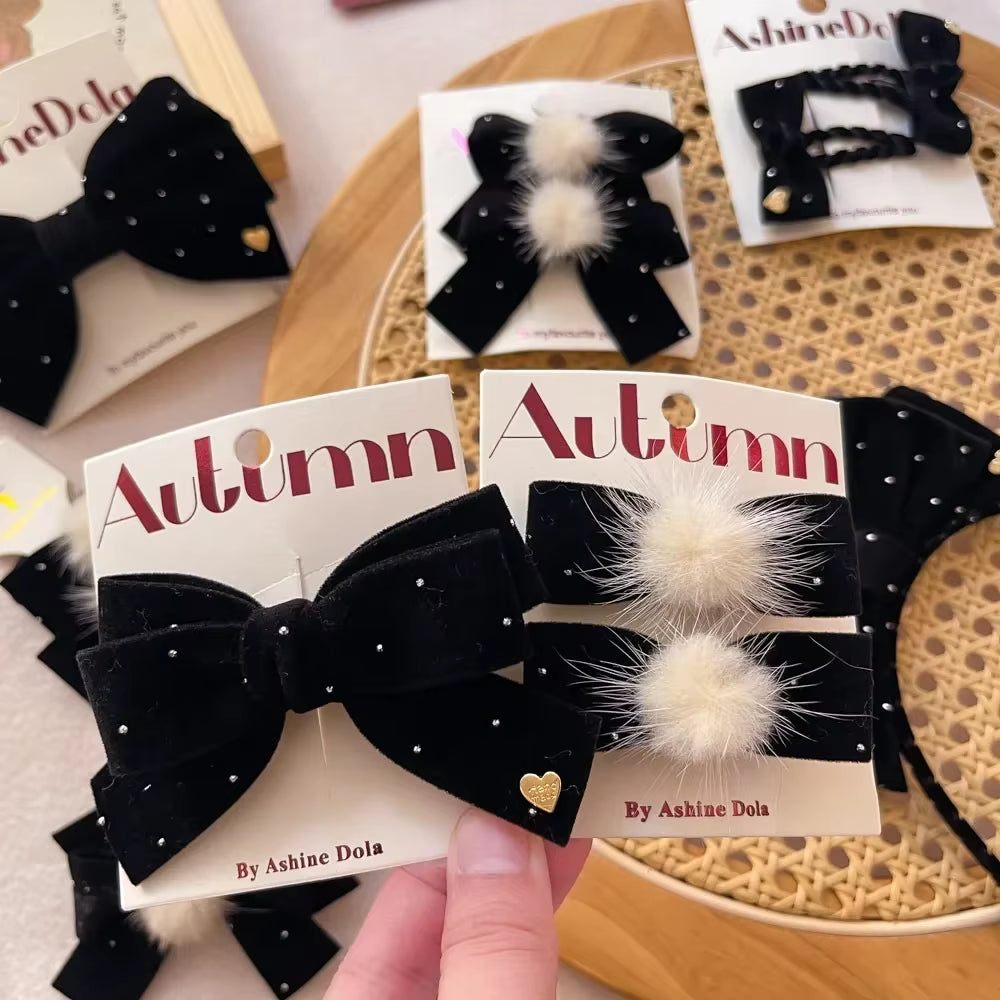 Baby Black Velvet Hair Bows Ties Kids Girls Ponytail Holder Elastic Hair Bands Korean Pompom Rope Scrunchies Hair Accessories