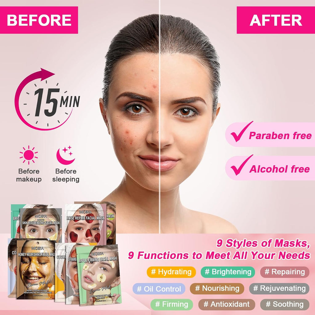 18Pcs Maschere Viso in Tessuto Stile Coreane per Il Set Kit Regalo Bambina Idratante Acido Ialuronico Ragazze Tante Face Mask Korean Skin Care Nutriente Lenitive Idratazione Profonda Ogni Della Pelle