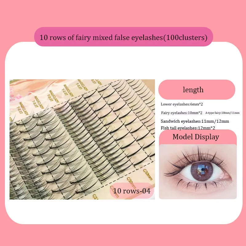 Fishtail + A-Type Mixed Hair Five Rows Mixed Natural False Eyelashes Self-Grafting Single Cluster Eyelashes Eye Lash Fa