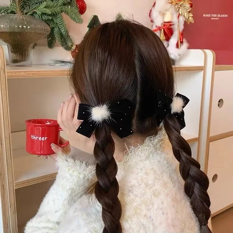 Baby Black Velvet Hair Bows Ties Kids Girls Ponytail Holder Elastic Hair Bands Korean Pompom Rope Scrunchies Hair Accessories