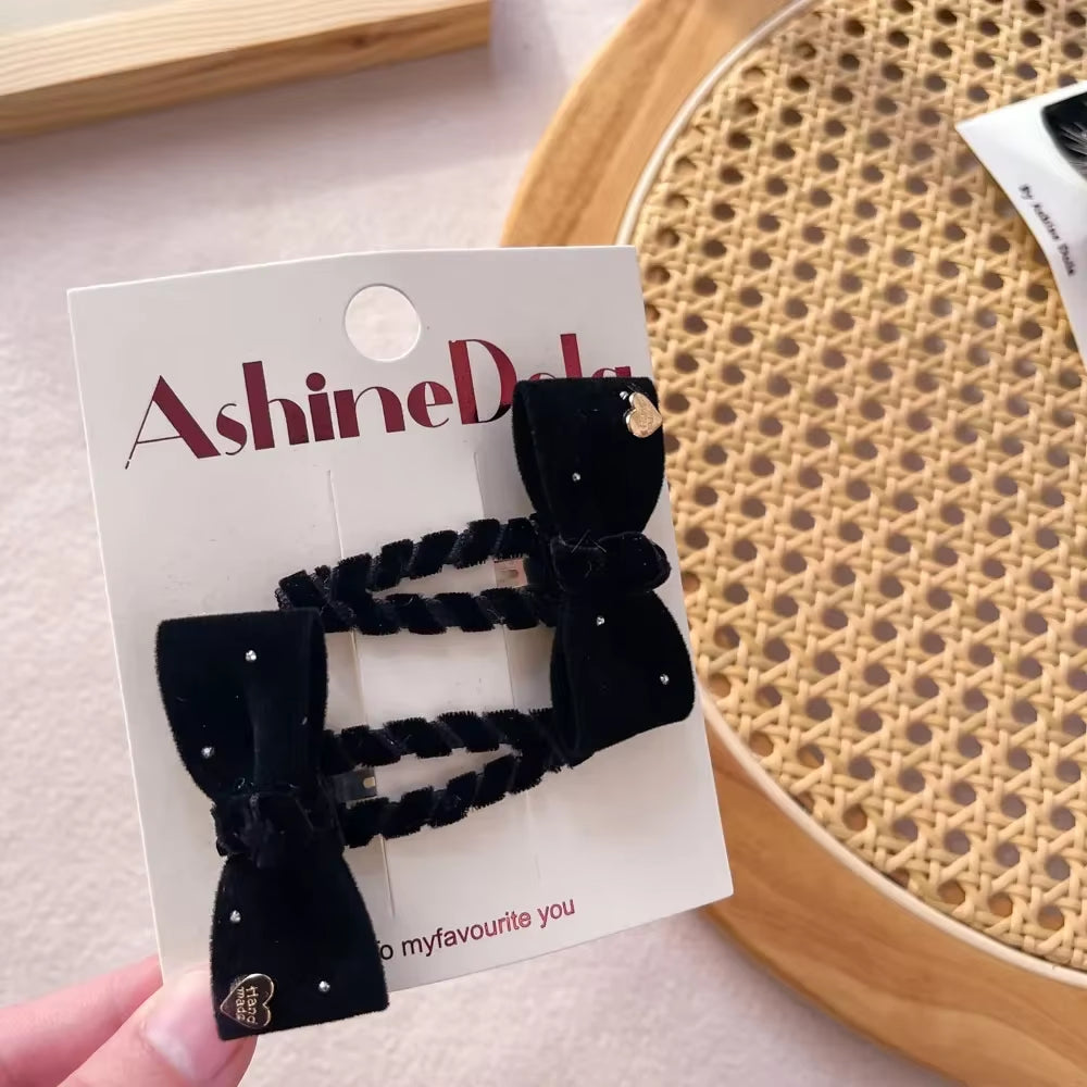 Baby Black Velvet Hair Bows Ties Kids Girls Ponytail Holder Elastic Hair Bands Korean Pompom Rope Scrunchies Hair Accessories