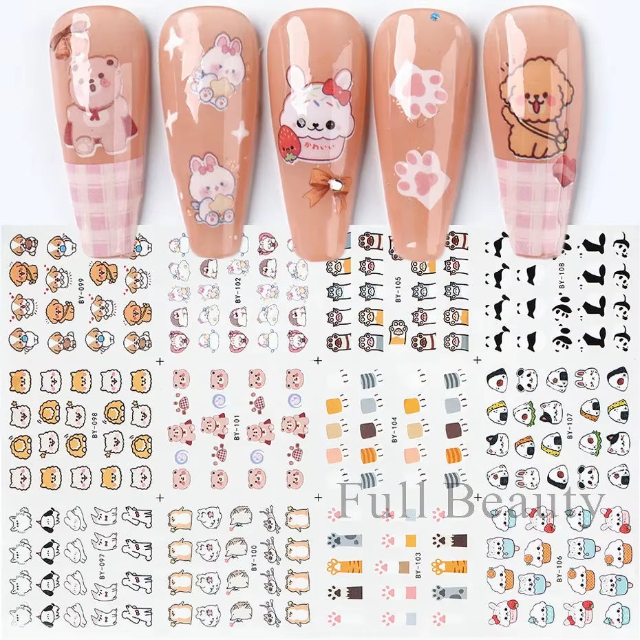 12Pcs Kawaii Cat Nail Water Sticker Anime Watercolor Design Foil for Nail Decals Cute Cartoon Watermark Transfer Manicure Slider