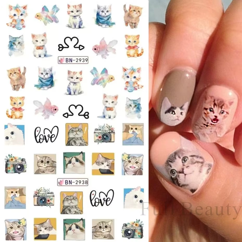 12Pcs Kawaii Cat Nail Water Sticker Anime Watercolor Design Foil for Nail Decals Cute Cartoon Watermark Transfer Manicure Slider