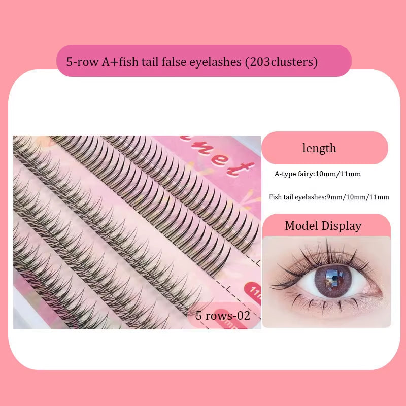 Fishtail + A-Type Mixed Hair Five Rows Mixed Natural False Eyelashes Self-Grafting Single Cluster Eyelashes Eye Lash Fa