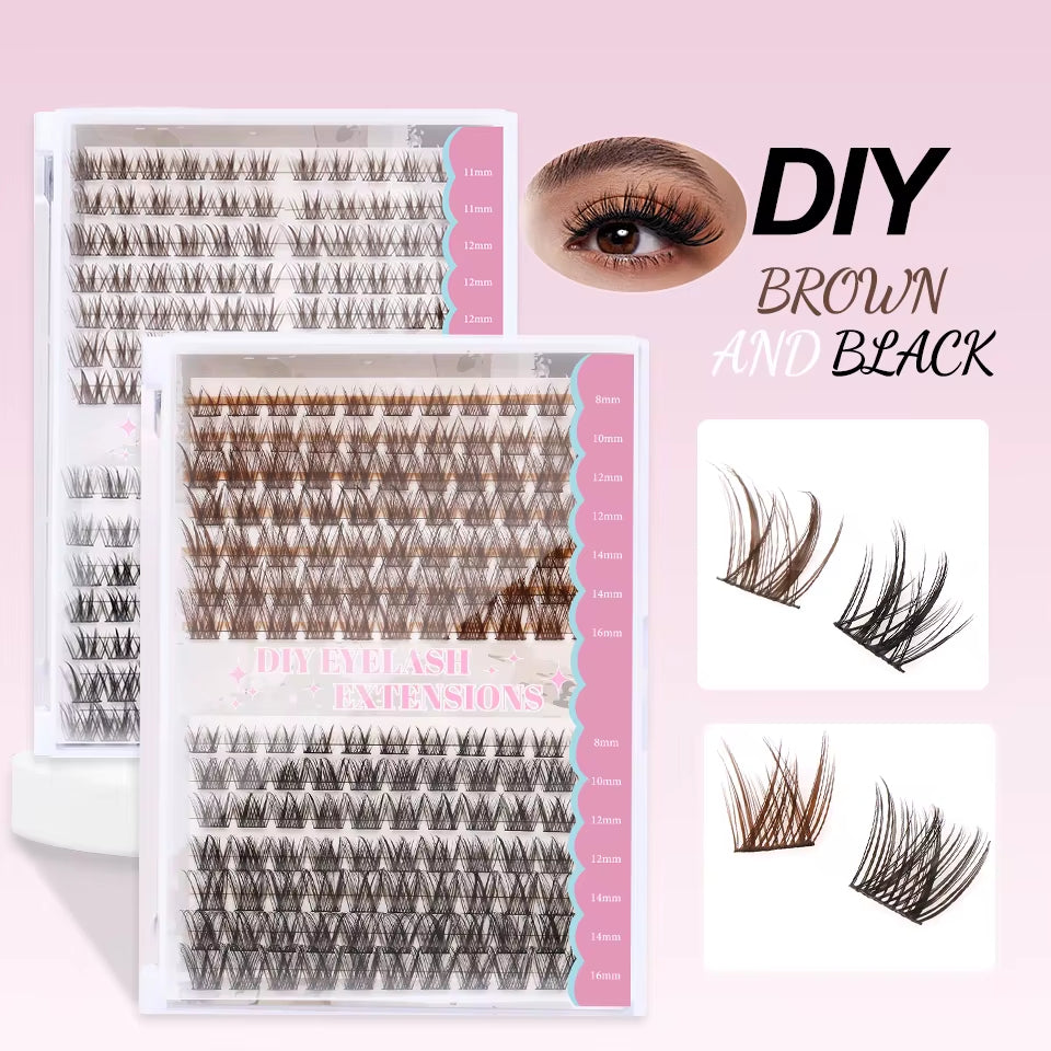 Brown and Black Cluster at Home Eyelashes DIY Mixed Color Individual Fan Lashes Extension Fluffy 3D Effect Faux Makeup Eyelashes