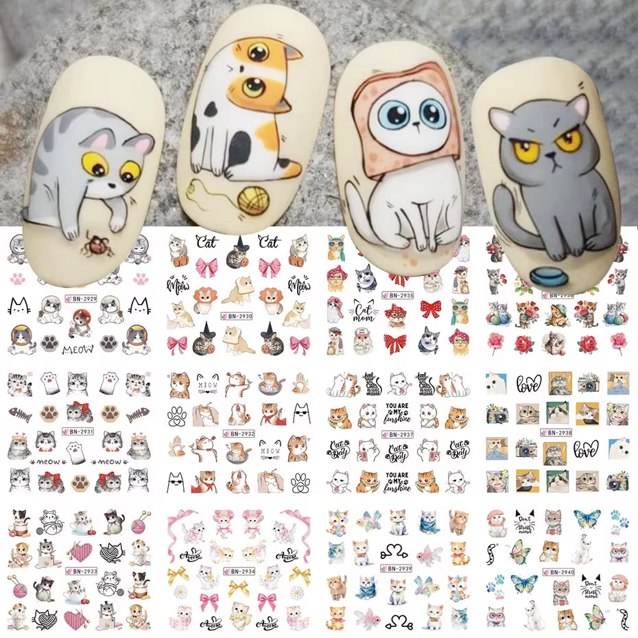 12Pcs Kawaii Cat Nail Water Sticker Anime Watercolor Design Foil for Nail Decals Cute Cartoon Watermark Transfer Manicure Slider
