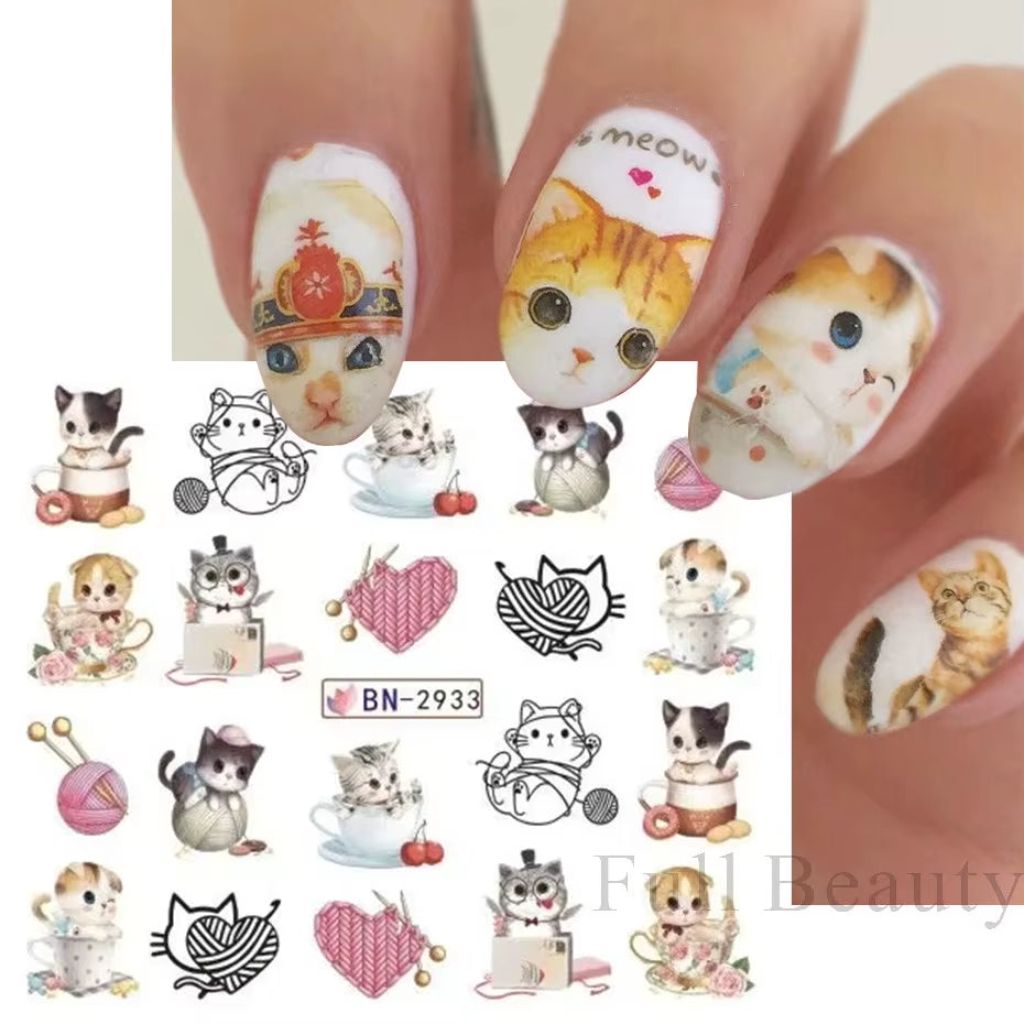 12Pcs Kawaii Cat Nail Water Sticker Anime Watercolor Design Foil for Nail Decals Cute Cartoon Watermark Transfer Manicure Slider