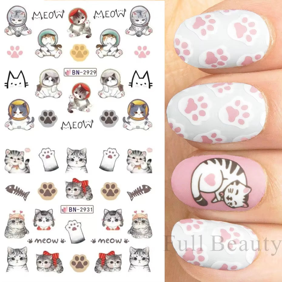 12Pcs Kawaii Cat Nail Water Sticker Anime Watercolor Design Foil for Nail Decals Cute Cartoon Watermark Transfer Manicure Slider