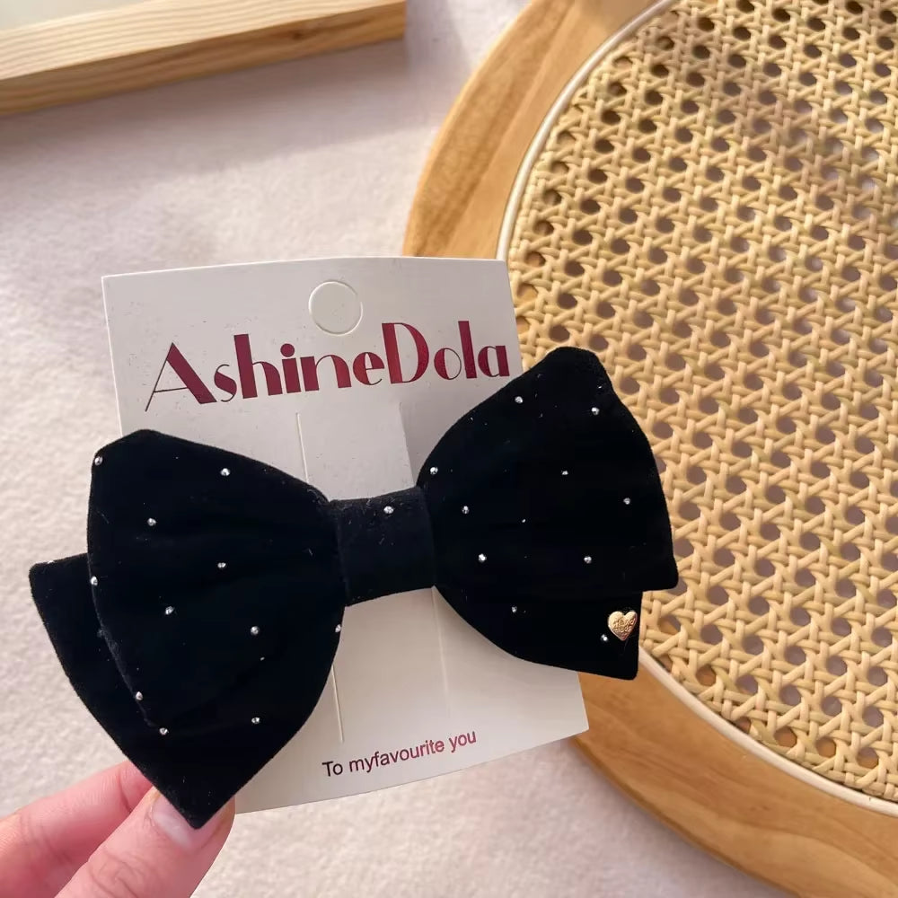 Baby Black Velvet Hair Bows Ties Kids Girls Ponytail Holder Elastic Hair Bands Korean Pompom Rope Scrunchies Hair Accessories