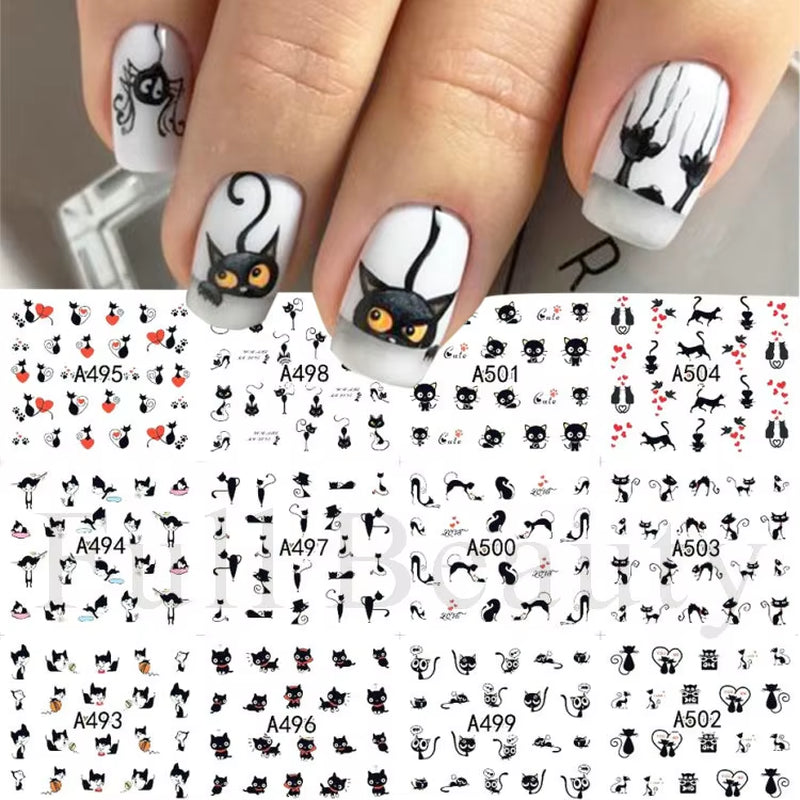 12Pcs Kawaii Cat Nail Water Sticker Anime Watercolor Design Foil for Nail Decals Cute Cartoon Watermark Transfer Manicure Slider