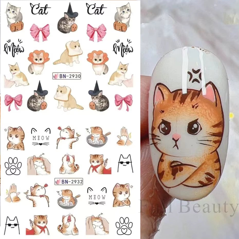 12Pcs Kawaii Cat Nail Water Sticker Anime Watercolor Design Foil for Nail Decals Cute Cartoon Watermark Transfer Manicure Slider