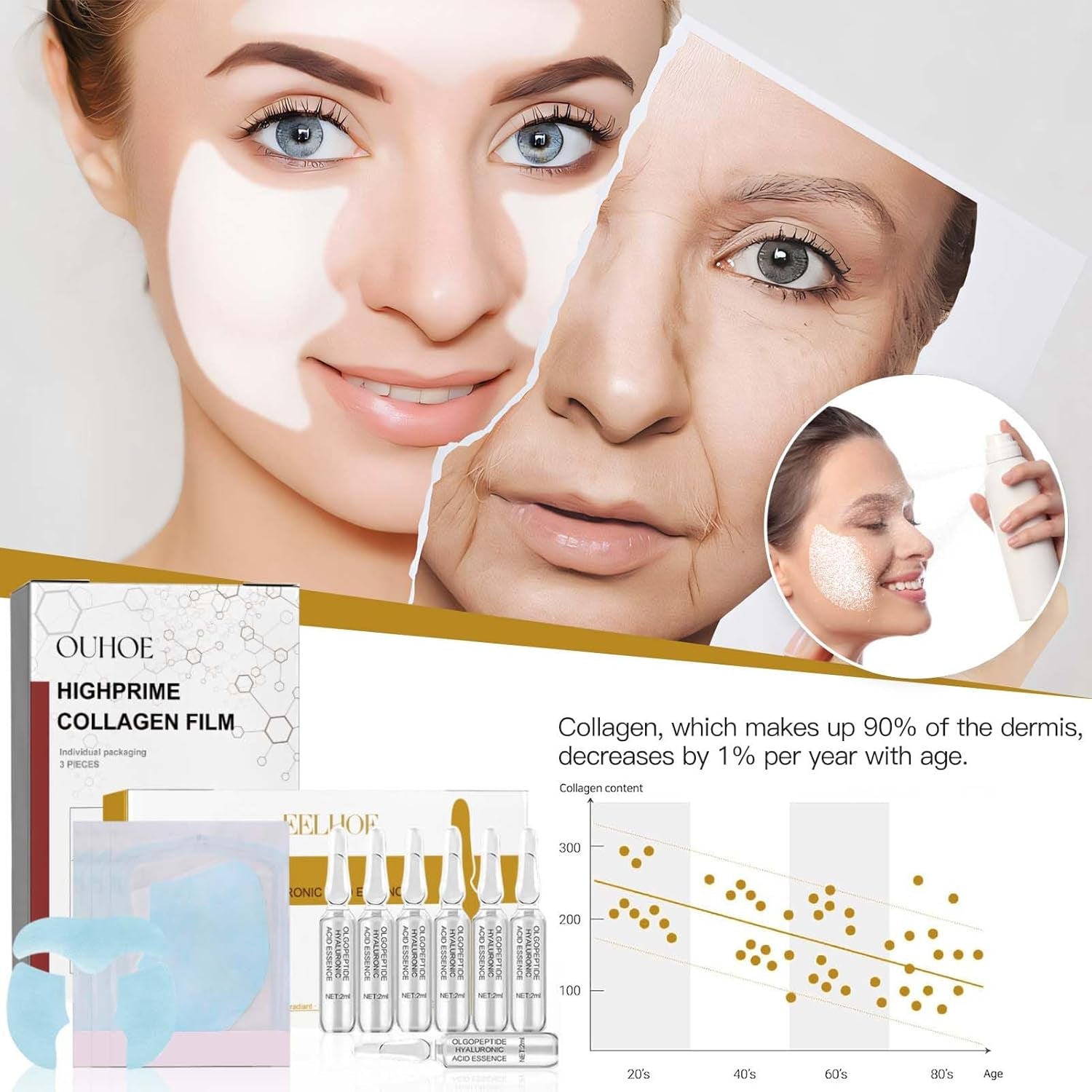 Fogli Collagene Viso Assorbibili, Highprime Collagen Film Viso, Collagene Film Viso Solubile, Korean Collagen Firming Mask, Set Di Fusione Di Collagene, Cura Della Pelle E Rassodamento